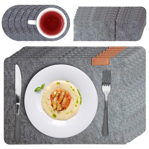 Platzsets Abwaschbar, Tischsets Abwaschbar Platzsets Filz 18er Set, Hitzebeständig rutschfest Platzdeckchen mit Besteckbeutel、Untersetzer von LUISAS