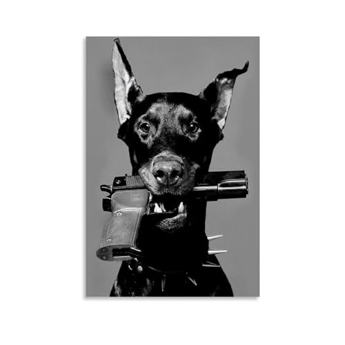LUISAS Doberman with Gun Black White Poster Dekorative Malerei Leinwand Wandkunst Wohnzimmer Poster Schlafzimmer Malerei,Wandkunst Bilddruck Moderne Familienzimmer Dekor 08x12inch(20x30cm) von LUISAS