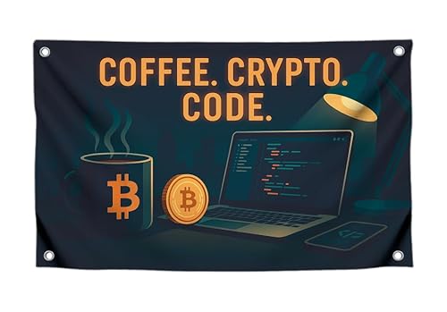90 x 150 cm Motivationsflagge mit Zitat "Coffee. Crypto. Code." mit vier Messingösen, Polyester, coole dekorative Wandflaggen für Wohnzimmer, einseitig, inspirierende Banner für Zimmer und Universität von LUIVU