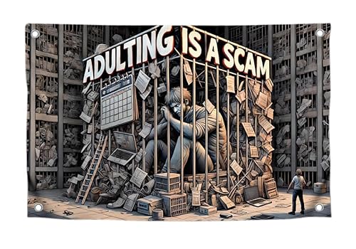 90 x 150 cm große Flaggen mit Zitat "Adulting Is A Scam" für Zimmer Jungs und Mädchen mit vier Messingösen – einseitige Meme-Wandteppich-Flagge mit einem Mann – Polyester-Poster für 90 x 150 cm große Flaggen mit Zitat "Adulting Is A Scam" für Zimmer Jungs und Mädchen mit vier Messingösen – einseitige Meme-Wandteppich-Flagge mit einem Mann – Polyester-Poster für von LUIVU