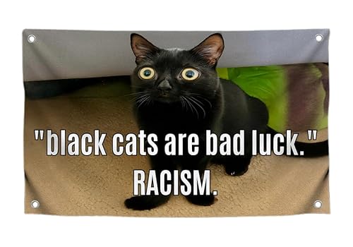 90 x 150 cm große Katzen-Meme-Flagge mit lustigem Zitat "Black Cats are Bad Luck Racism" – Humor-Poster aus Polyester an der Wand mit vier Messingösen, einseitige schwarze Katzen Wandflaggen für von LUIVU