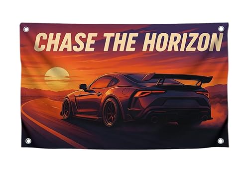 90 x 150 cm helle Sportwagen-Flagge mit Zitat "Chase the Horizon" mit vier Messingösen – einseitig schöne Flagge für stilisierte Mädchen – Polyester, coole Wandteppiche für Wohnzimmer oder von LUIVU