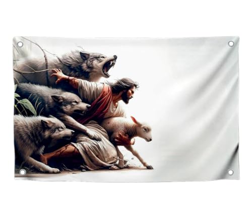 Jesus rettet das Schaf, Flagge mit zwei Messingösen, Wanddekoration, Gott, Wölfe und Schaf, Banner, religiöse, christliche Jesus-Flagge für Schlafzimmer, Gottes Flagge für Wanddekoration, 90 x 150 cm Jesus rettet das Schaf, Flagge mit zwei Messingösen, Wanddekoration, Gott, Wölfe und Schaf, Banner, religiöse, christliche Jesus-Flagge für Schlafzimmer, Gottes Flagge für Wanddekoration, 90 x 150 cm von LUIVU