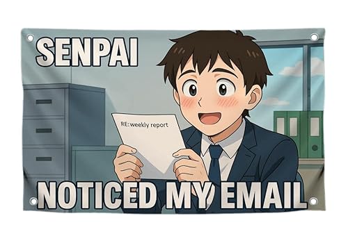 Lustige Anime-Flaggen für Jugendzimmer, 90 x 150 cm, Polyester, mit Happy Boy, coole Meme-Banner mit Zitat "Senpai Noticed My Email" mit vier Messingösen, lustige Flagge für Wohnheim Lustige Anime-Flaggen für Jugendzimmer, 90 x 150 cm, Polyester, mit Happy Boy, coole Meme-Banner mit Zitat "Senpai Noticed My Email" mit vier Messingösen, lustige Flagge für Wohnheim von LUIVU