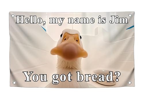 Lustige Entenflaggen mit Zitat "Hello My Name Is Jim U Got Bread?" - Coole Tiere Polyester-Flagge an der Wand mit vier Messingösen – einseitiges lustiges Gänseposter für Dekoration, Schlafzimmer von LUIVU