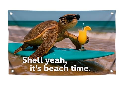 Lustige Tier-Wandflagge mit Zitat "Shell Yeah, It's Beach Time" mit vier Messingösen, cooles Polyester-Banner für College drinnen oder draußen, einseitige Flaggen mit Schildkröte für Pool-Party, 90 x von LUIVU