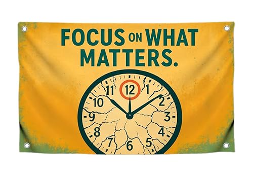 Motivierende Wandflagge mit Bild-Uhr, Zitat "Focus on What Matters", mit 4 Messingösen, einseitiger Polyester-Wandteppich für Uni, inspirierendes Banner für Büro, Fitnessstudio oder Heimdekoration, 90 von LUIVU