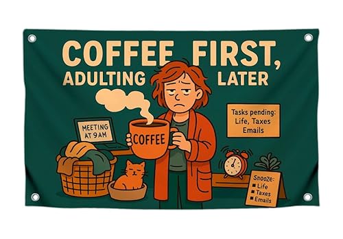 Positive Flagge, 90 x 150 cm, Motiv: müde Frau mit Tasse Kaffee mit vier Messingösen, einseitig, lustiges Meme-Banner, Geschenk für Frauen, Polyester, hängende farbige Tapisserie-Flaggen für von LUIVU