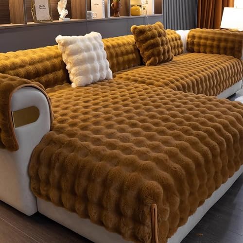 Teilbare Couchbezüge Sofa-Schonbezug For Ecksofas For 3/2/1/4-Sitzer, L-förmige Couch, Dicker Kaninchen-Plüschschutz, Universell, Rutschfest, L-förmig, Superweich ( Color : Braun , Size : 90x210cm ) von LUIVZD