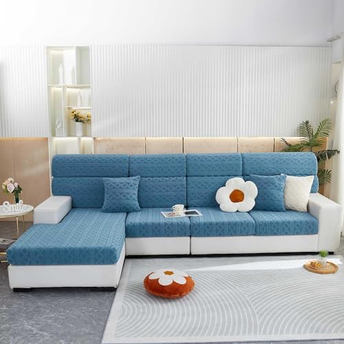 Teilbare Couchbezüge Stretch-Sofabezug for 3-, 1-, 2- Und 4-Sitzer, Universeller Sofa-Sitzkissenbezug, Jacquard-Spandex, Rutschfester Möbelschutz (Color : Light Blue, Size : HEADREST S) von LUIVZD