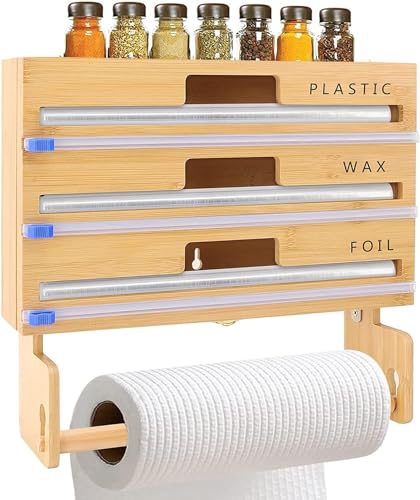 Upgrade Cling Film Dispenser and Cutter - Upgraded 4 in 1 Paper Towel Holder Wall Mounted, Refillable Tin Foil Dispenser and Cutter, Kitchen Foil Organiser Storage - Fits 12" Roll von LUIVZD