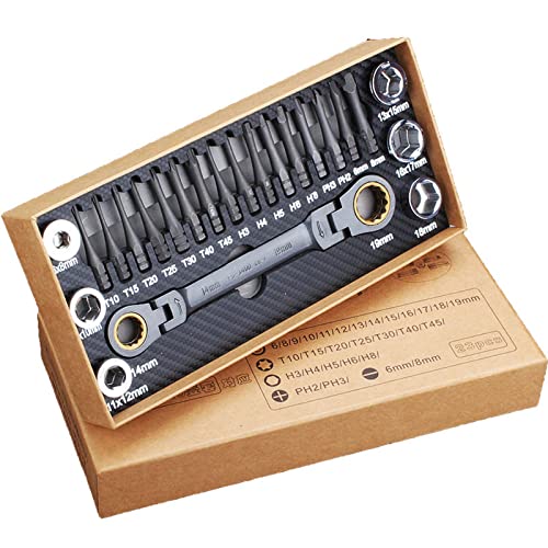LUJIAXI Ratschenschlüssel-Set, 14–19 mm, flexibler Kopf, Ratschenschlüssel-Set und 16 Schraubendreher-Bits, Auto-Reparaturwerkzeug, 23-teilig von LUJIAXI