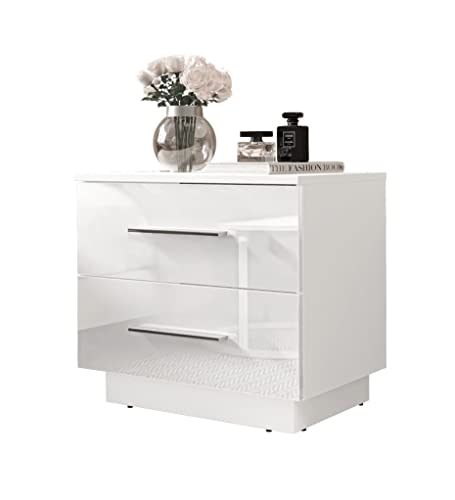 lukmebel Nachttisch LINA 55x50x37 cm- LED Beleuchtung - Nachtkästchen - Weiß/Weiß Hochglanz - Verchromte Griffe - Nachtschrank - Beistelltisch mit Schublade - Schlafzimmerschrank von lukmebel
