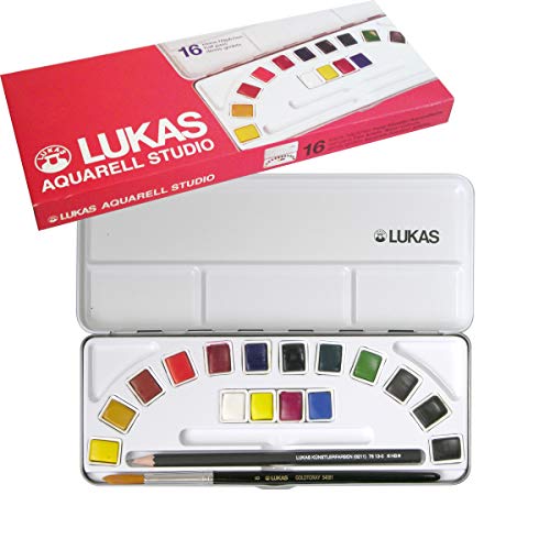 LUKAS AQUARELL STUDIO, Aquarellfarben in Premium-Qualität, Set mit 16 x 1/2-Näpfchen mit Pinsel und Bleistift im Metallkasten von LUKAS