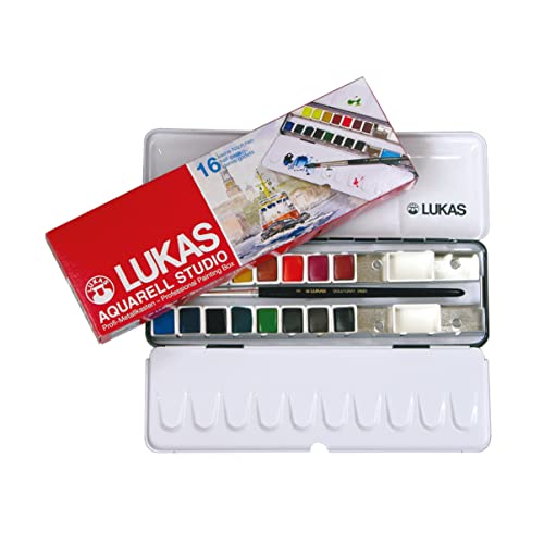 LUKAS AQUARELL STUDIO, Aquarellfarben in Premium-Qualität, Set mit 16 x 1/2-Näpfchen und Pinsel im Metallkasten von LUKAS