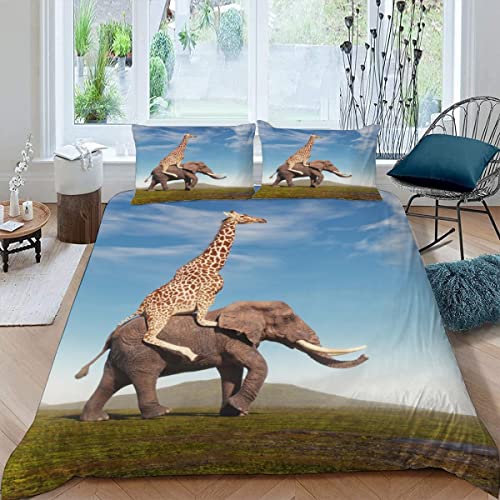 Kinderbettwäsche Giraffe Bettwäsche 135x200cm Kinder 3teilig Elefant Bettbezug flauschig Hypoallergen Mikrofaser Einzelbett Bettbezüge mit 2 Kissenbezug 80x80cm von LUKAVA