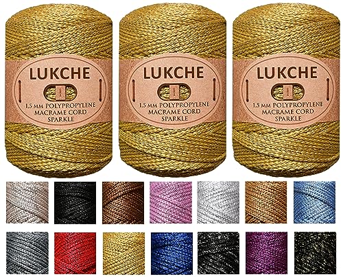 Lukche 3 Knäuel, 1,5 mm, Premium-Polyester-Makramee-Schnur, glitzernd, buntes Seil, Garn, Häkeln, Makramee-Zubehör für Taschen, Bodenplatten, Teppiche (3 Gold) von LUKCHE