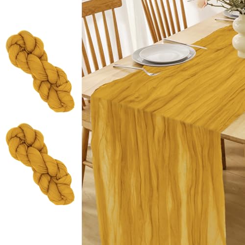 LUKDUNG 2 Stück Tischläufer, Seihtuch Tischläufer, Boho Gaze Stoff Käsetuch, Rustikaler Tischdecke für Hochzeitsdeko Tischdeko, 90 x 300 cm (Ingwer-Gelb, 90 x 300 cm, 2 Stück) von LUKDUNG