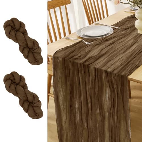 LUKDUNG 2 Stück Tischläufer, Seihtuch Tischläufer, Boho Gaze Stoff Käsetuch, Rustikaler Tischdecke für Hochzeitsdeko Tischdeko, 90 x 300 cm (Kaffee, 90 x 300 cm, 2 Stück) von LUKDUNG