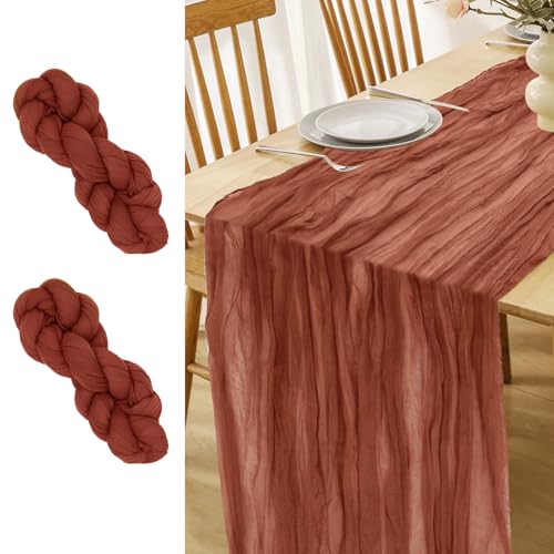 LUKDUNG 2 Stück Tischläufer, Seihtuch Tischläufer, Boho Gaze Stoff Käsetuch, Rustikaler Tischdecke für Hochzeitsdeko Tischdeko, 90 x 300 cm (Rost Rot, 90 x 300 cm, 2 Stück) von LUKDUNG