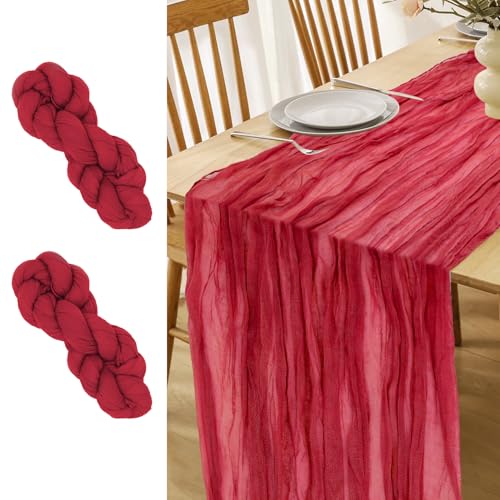 LUKDUNG 2 Stück Tischläufer, Seihtuch Tischläufer, Boho Gaze Stoff Käsetuch, Rustikaler Tischdecke für Hochzeitsdeko Tischdeko, 90 x 300 cm (Rot, 90 x 300 cm, 2 Stück) von LUKDUNG