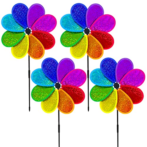 LUKDUNG 4 Stück Windspiel Blume Windrad 30cm Regenbogen Sparkly Windmühle Spinner für Rasen Windrad Hof Garten Terrasse Balkon Gartenstecker Deko von LUKDUNG