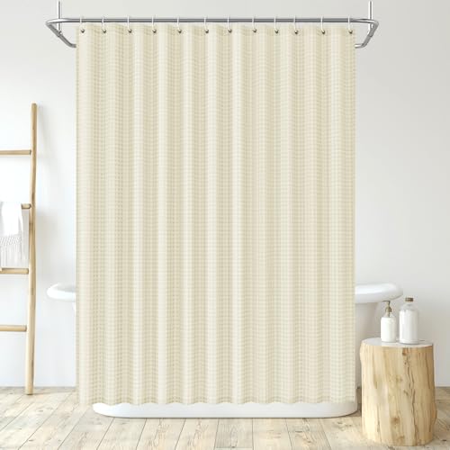 LUKDUNG Duschvorhang Waffel, 180x200cm Waffel Duschvorhang Waschbar Textil, Polyester Stoff Shower Curtain mit 12 Duschvorhangringe, Beige von LUKDUNG
