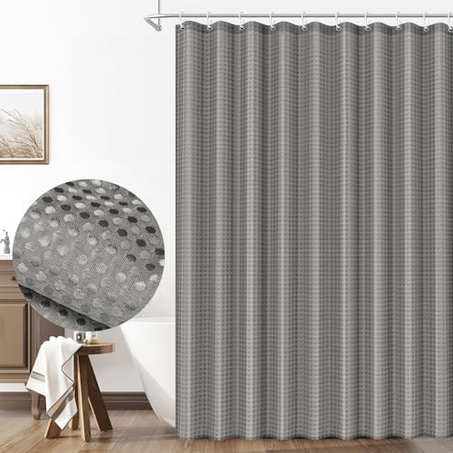 LUKDUNG Duschvorhang Waffel, 180x200cm Waffel Duschvorhang Waschbar Textil, Polyester Stoff Shower Curtain mit 12 Duschvorhangringe, Grau von LUKDUNG