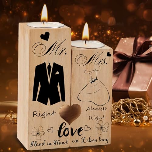 Hochzeitsgeschenke für Brautpaar, 2 Heart Shaped Wooden Candle Holder mit Kerzen, Mr und Mrs Verlobungsgeschenk, Jahrestag Geschenk zur Hochzeit Valentinstag Ideen für Hochzeit von LUKIUP