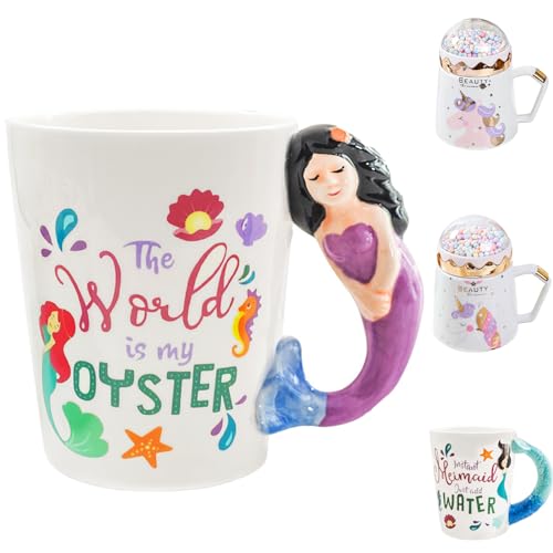 Meerjungfrau Tasse aus Keramik, 500ml Meerjungfrau Becher mit 3D Henkel, Meerjungfrau Weihnachten Geschenk für Geburtstage Frauen, Kinder, Mädchen, Freundin (Lila) von LUKIUP