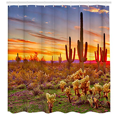 LUKUY Saguaro Duschvorhang für das Badezimmer Arizona Wüstenlandschaft mit Kaktus Berg bei Sonnenuntergang Bild Tuch Stoff Badezimmer Dekor Set mit Haken 72W x 72L von LUKUY