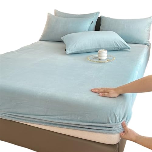 Frottee BettwäSche Warme und Dicke elastische Spannbettlaken, einfarbig, Verstellbarer Flanell-Wintermatratzenbezug, Samtbettwäsche, Größen 90/160/180/200 Matratzenbezug(Blue,80x200x25cm) von LUKYWANG