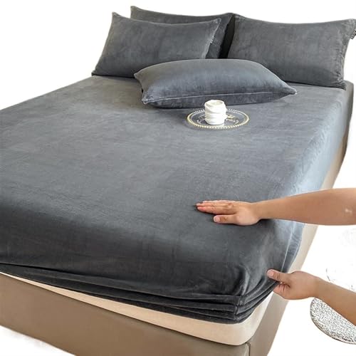 Frottee BettwäSche Warme und Dicke elastische Spannbettlaken, einfarbig, Verstellbarer Flanell-Wintermatratzenbezug, Samtbettwäsche, Größen 90/160/180/200 Matratzenbezug(Dark Grey,80x200x25cm) von LUKYWANG