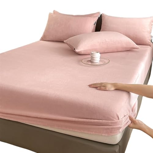 Frottee BettwäSche Warme und Dicke elastische Spannbettlaken, einfarbig, Verstellbarer Flanell-Wintermatratzenbezug, Samtbettwäsche, Größen 90/160/180/200 Matratzenbezug(Pink,100x200x25cm) von LUKYWANG
