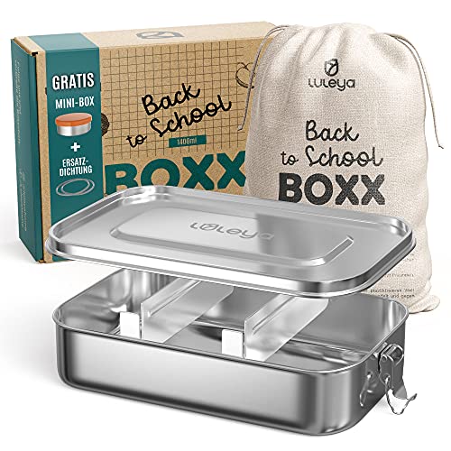 LULEYA Premium Brotdose Edelstahl mit Fächern - 1400ml Groß - Auslaufsichere Bentobox Lunchbox für Kinder und Erwachsene - Inkl. Mini Dose, Ersatzdichtung, Trennwände und Aufbewahrungsbeutel von LULEYA