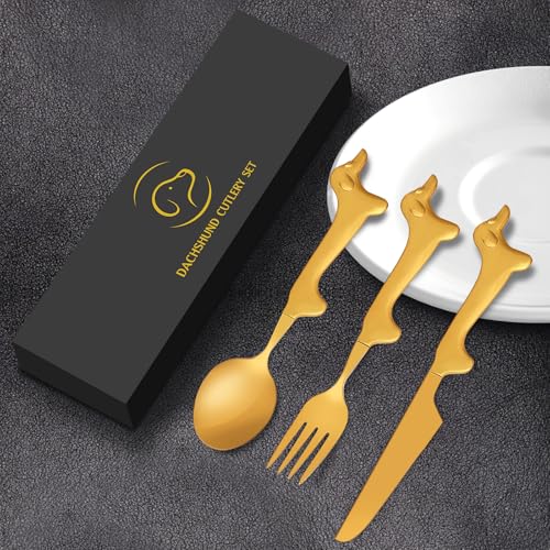 LULLEA Dackel Besteck Set, Dackel Geschenke Besteck, Dackel Deko Besteck, Dackel Besteck Gold, Messer, Gabel, Löffel, Besteck Edelstahl Spiegelpoliert, Spülmaschinenfest, Geschenke für Männer Frauen von LULLEA