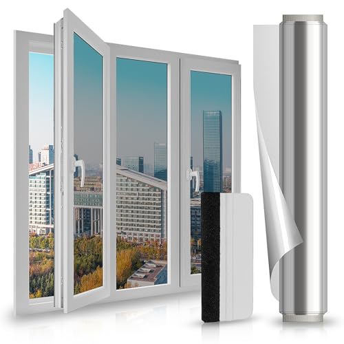 LULUETPUE Spiegelfolie Selbstklebend Sonnenschutzfolie Fenster innen UV-Schutz Reflektierende Fensterfolie Silber Thermofolie für Büro und Haus, (44.5 * 200CM) von LULUETPUE