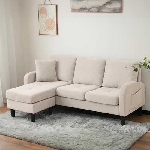 LULUWA L-förmiges Ecksofa mit Chaiselongue, 3-Sitzer Sofa 166 x 118 x 77 cm Atmungsaktiver Baumwoll-Leinenstoff Kunststoffbeine Modulares Design für Wohnzimmer Apartments und Büros (Beige) von LULUWA