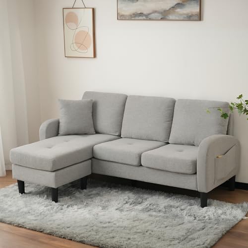 LULUWA L-förmiges Ecksofa mit Chaiselongue, 3-Sitzer Sofa 166 x 118 x 77 cm Atmungsaktiver Baumwoll-Leinenstoff Kunststoffbeine Modulares Design für Wohnzimmer Apartments und Büros (Grey) von LULUWA
