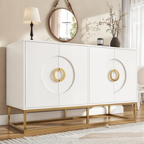 LULUWA Minimalistisches Sideboard 140 × 40 × 83 cm, Aufbewahrungsschrank mit Runder Zugring-Schranktür für Esszimmer Wohnzimmer von LULUWA