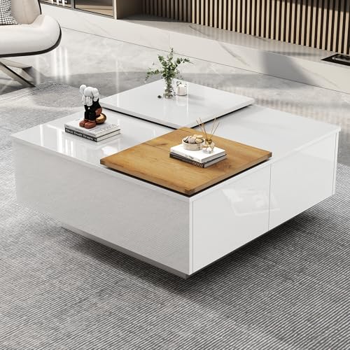 LULUWA Moderner Hochglänzender Weißer Holzfarbe Quadratischer Couchtisch mit Ablagefläche Kleine Verschiebbare Tischplatte Max.30kg Belastbar 75x75x33,5cm (Weiß) von LULUWA