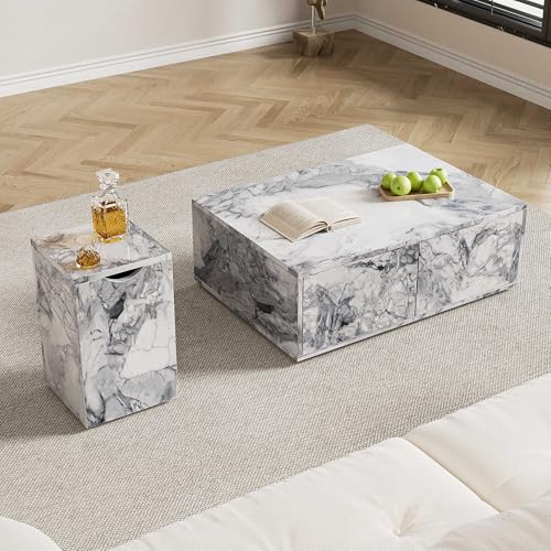 LULUWA Moderner modularer Wohnzimmer-Couchtisch in Marmoroptik, 2er-Set Beistelltisch Couchtisch-Set Sofa-Beistelltisch und Balkon (Weiße und Cyanfarbene) von LULUWA