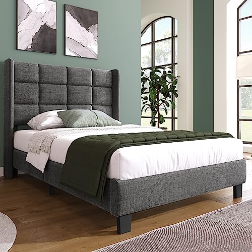 LULUWA Modernes Leinen Polsterbett mit Gepolstertem Kopfteil und Lattenrost Mittelfest Ohne Matratze (Grau & 90x200cm) von LULUWA