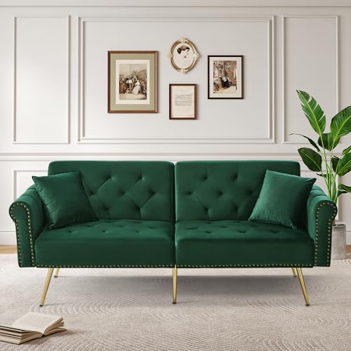 LULUWA Modernes Samtbezug 2-Sitzer-Schlafsofa, Rückenlehne mit 3-stufiger Verstellung & Vergoldete Metallfüße Stilvolles Sofa mit Schlaffunktion Platzsparend Belastbar (Antique Green) von LULUWA