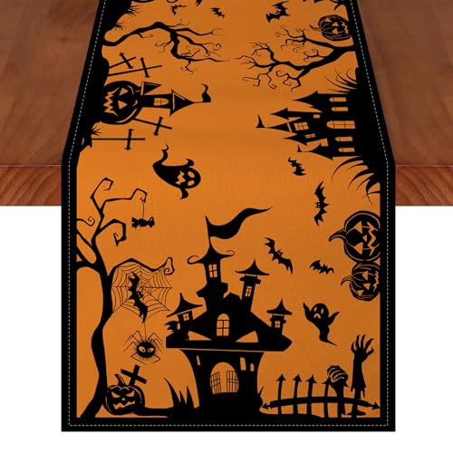 LULUXENIA Schwarz-orangefarbene Silhouette, Spukhausbaum, Geist, Halloween-Tischläufer, saisonaler Herbst, Küche, Esstisch, Tischdekoration für Zuhause, Party, Dekoration, 33 x 183 cm LULUXENIA Schwarz-orangefarbene Silhouette, Spukhausbaum, Geist, Halloween-Tischläufer, saisonaler Herbst, Küche, Esstisch, Tischdekoration für Zuhause, Party, Dekoration, 33 x 183 cm von LULUXENIA