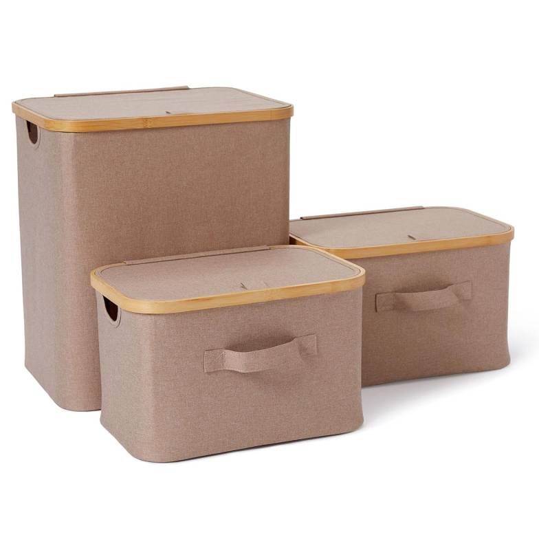 Aufbewahrungsbox mit Bambus-Rahmen - 3er-Set - Taupe von LUMALAND