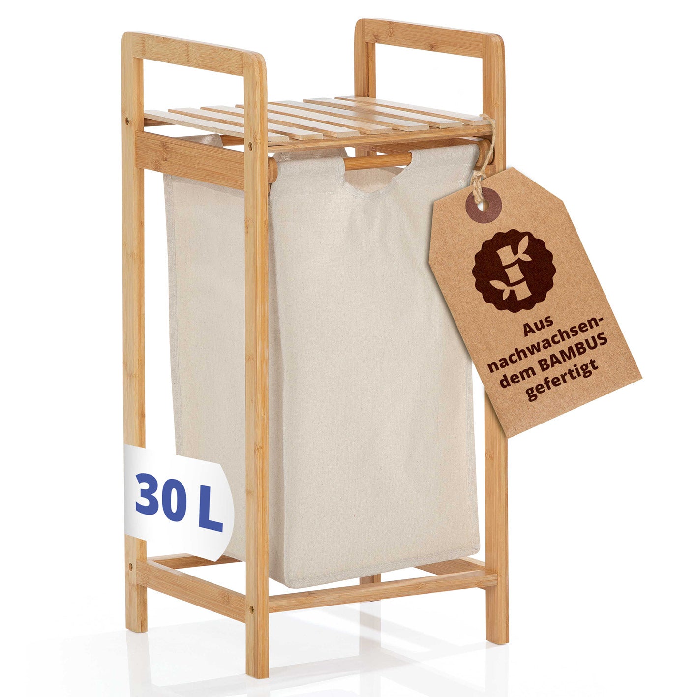 Bambus Wäschekorb mit ausziehbarem Wäschesack - 33 x 33 x 73 cm - Beige von LUMALAND