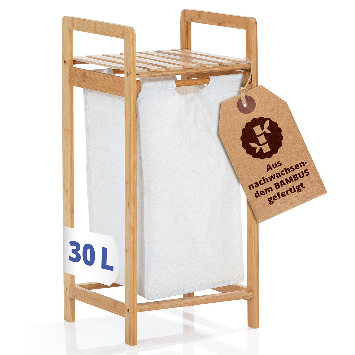 Bambus Wäschekorb mit ausziehbarem Wäschesack - 33 x 33 x 73 cm - Weiß von LUMALAND