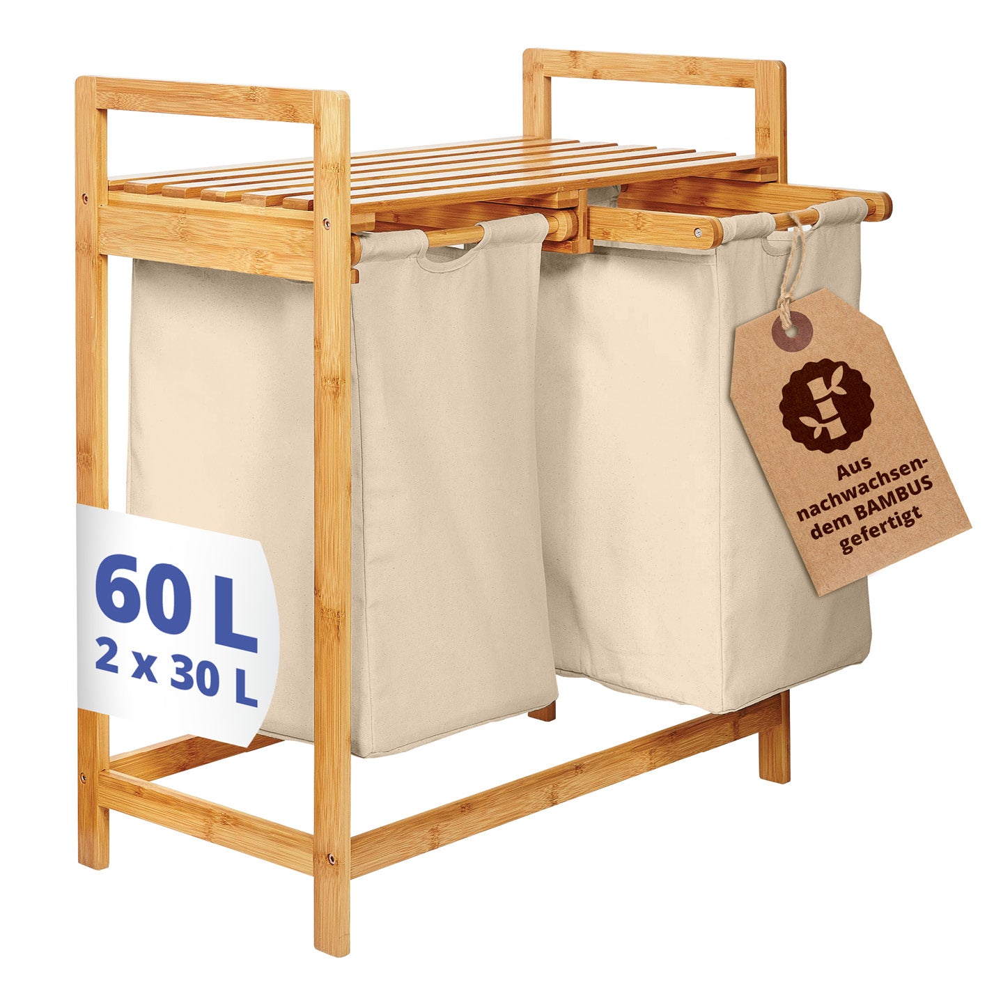 Bambus Wäschekorb mit 2 ausziehbaren Wäschesacken - 73 x 64 x 33 cm - Beige von LUMALAND