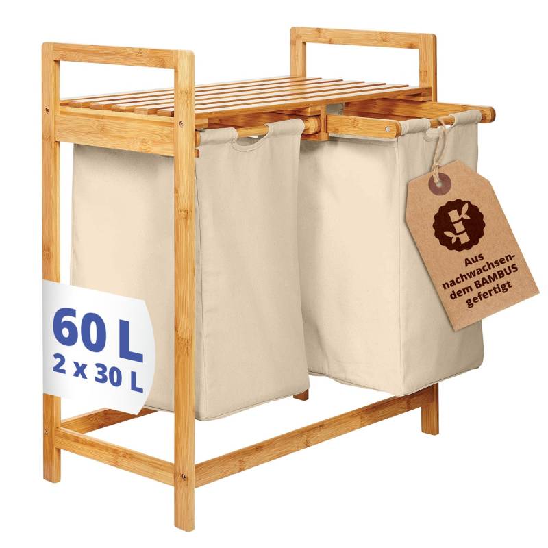Bambus Wäschekorb mit 2 ausziehbaren Wäschesacken - 73 x 64 x 33 cm - Beige Bambus Wäschekorb mit 2 ausziehbaren Wäschesacken - 73 x 64 x 33 cm - Beige von LUMALAND
